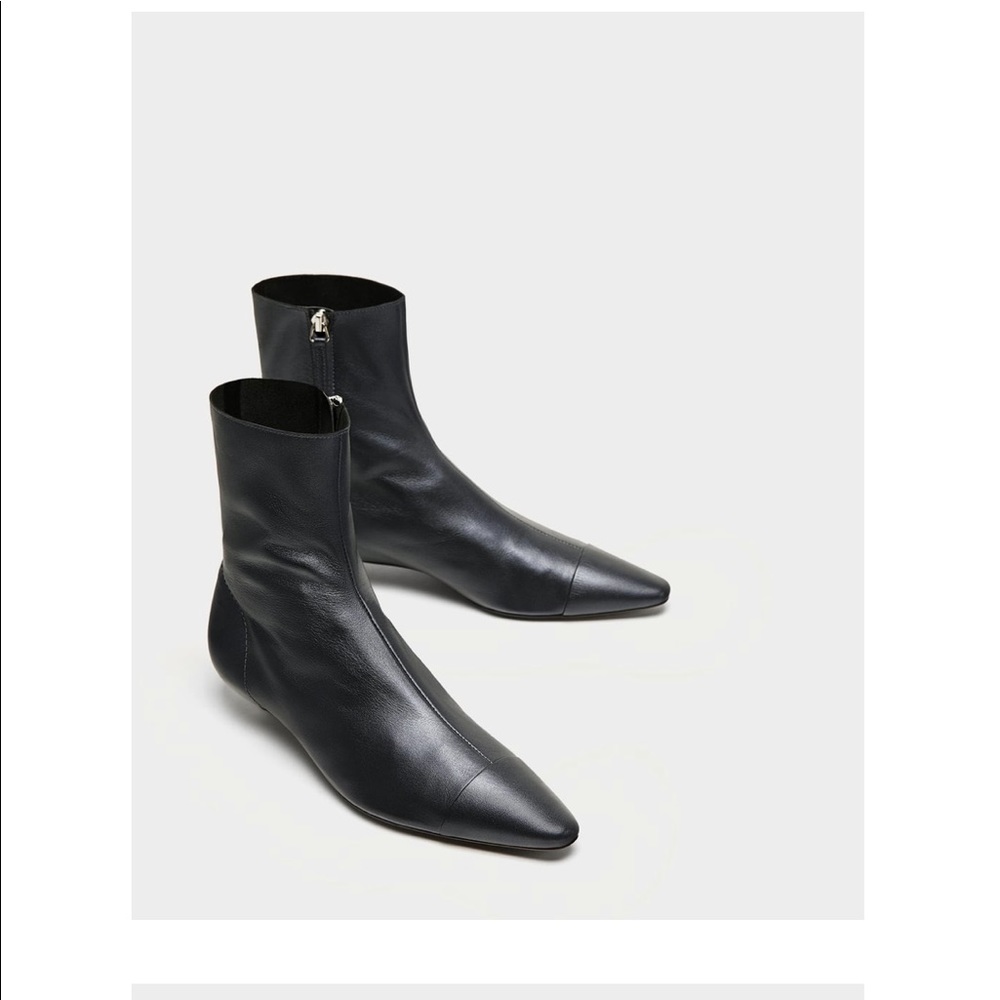 Zara Flat Leather Ankle Boots with Cap Toe Detail